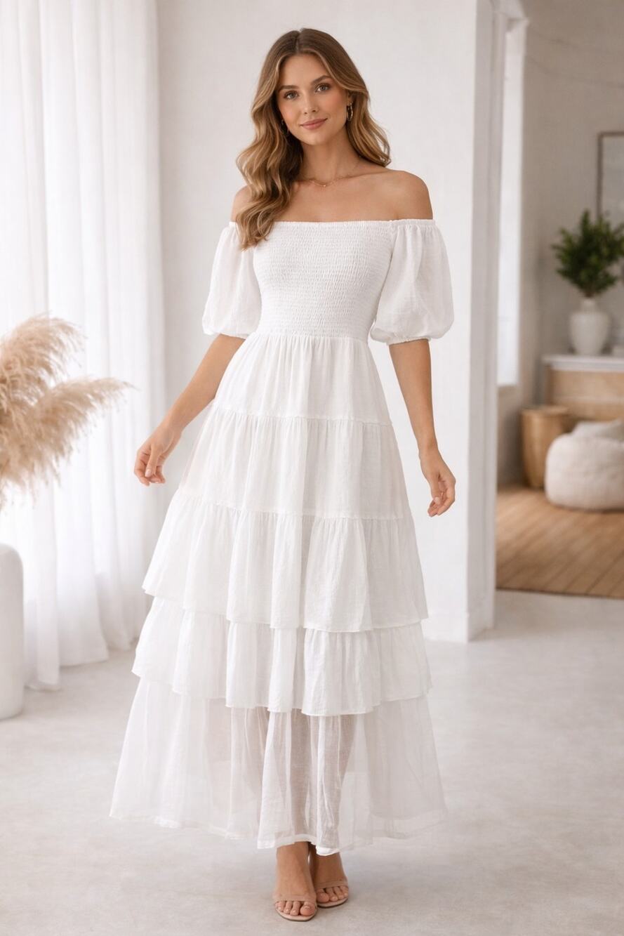 J Gee Maxi Dress Womens Medium White Smocked Boho Cottagecore Prairie